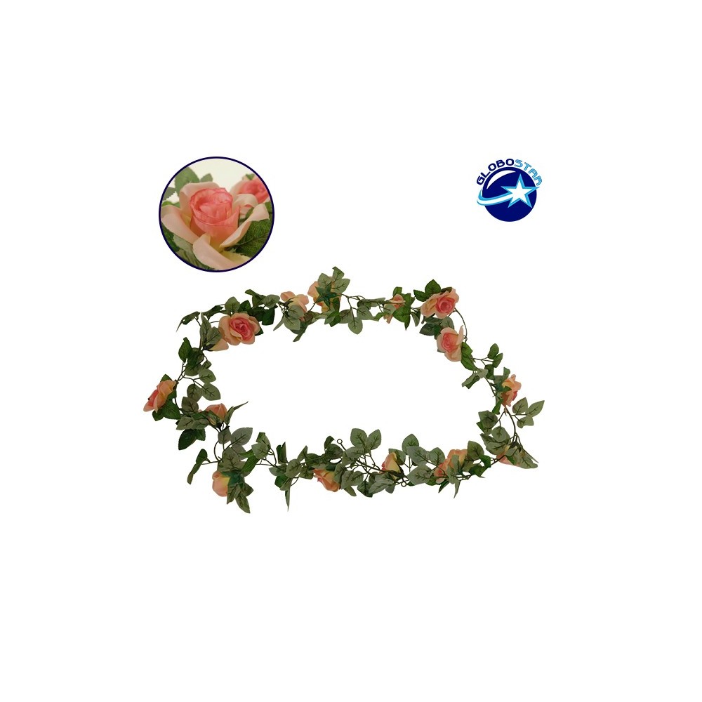 GloboStar® 09006 Τεχνητό Κρεμαστό Φυτό Διακοσμητική Γιρλάντα Μήκους 2 μέτρων με 16 X Μεγάλα Τριαντάφυλλα Ροζ Σομόν